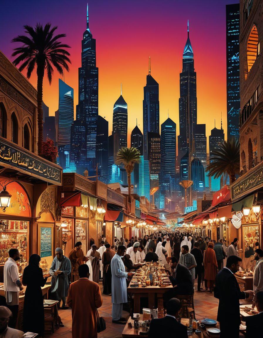 A collage depicting the evolution of adult entertainment in a modern Arab American context, blending traditional motifs with contemporary business elements. Show a vibrant marketplace shadowed by silhouettes of iconic adult entertainment symbols, overlaid with Arabic calligraphy and financial graphs. Incorporate diverse characters illustrating the fusion of cultures and industries. Background with a colorful sunset to signify transformation and opportunity. digital art. vibrant colors. 3D.