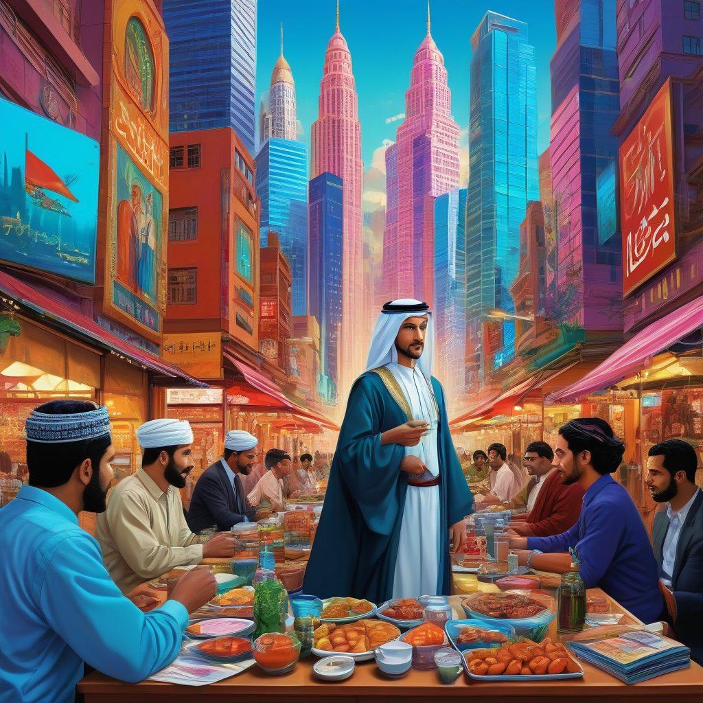A vibrant collage showcasing elements of adult anime blended with iconic symbols of Arab American business, such as traditional markets and modern skyscrapers. Include colorful characters with diverse backgrounds engaging in business meetings, surrounded by anime-style aesthetic elements like whimsical graphics, imaginative landscapes, and subtle references to Arab culture. The overall tone should be dynamic and engaging, reflecting a fusion of creativity and enterprise. super-realistic. vibrant colors. pop art style.